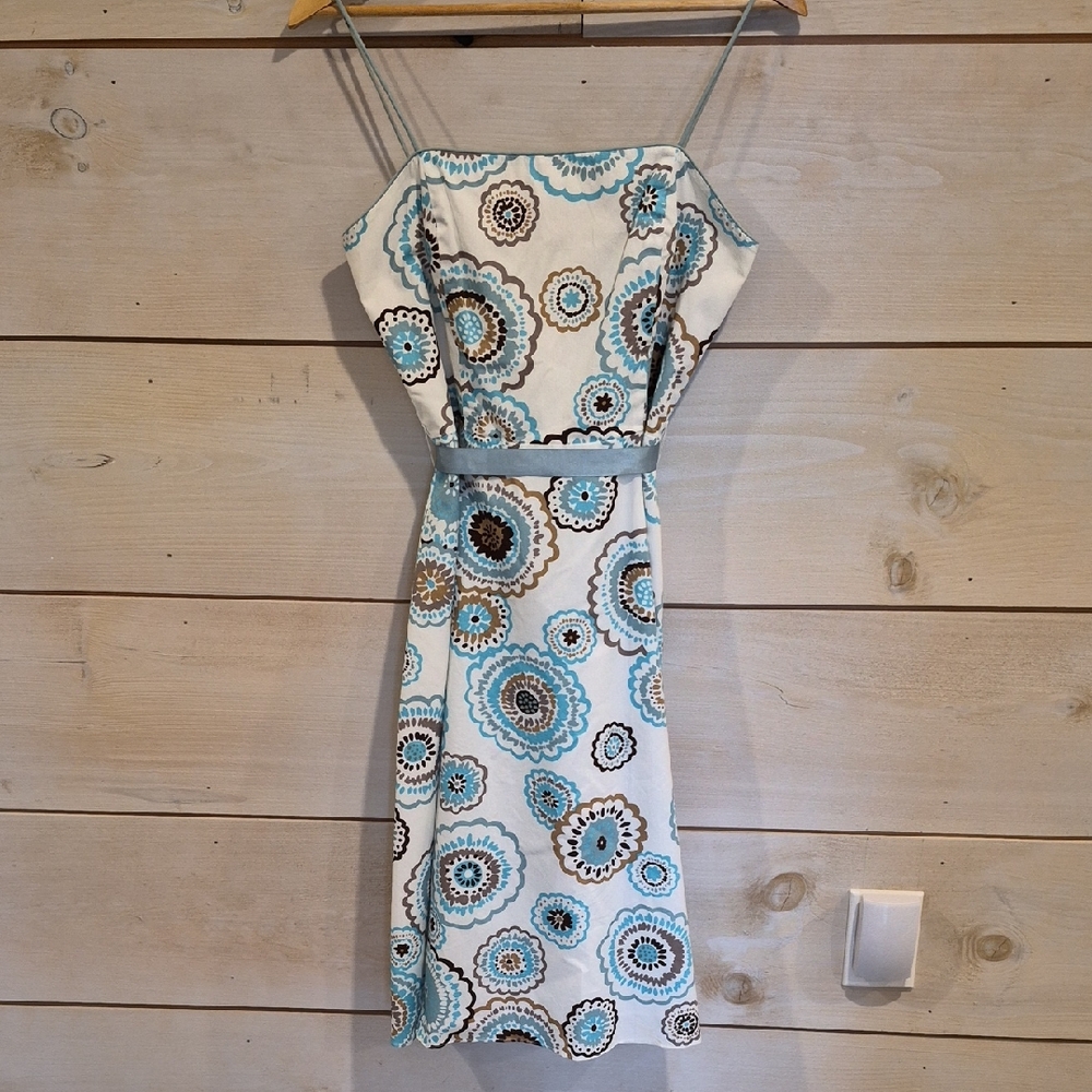 dressbarn Cream Spaghetti Strap Midi Dress with Blue and Brown Floral Medallions